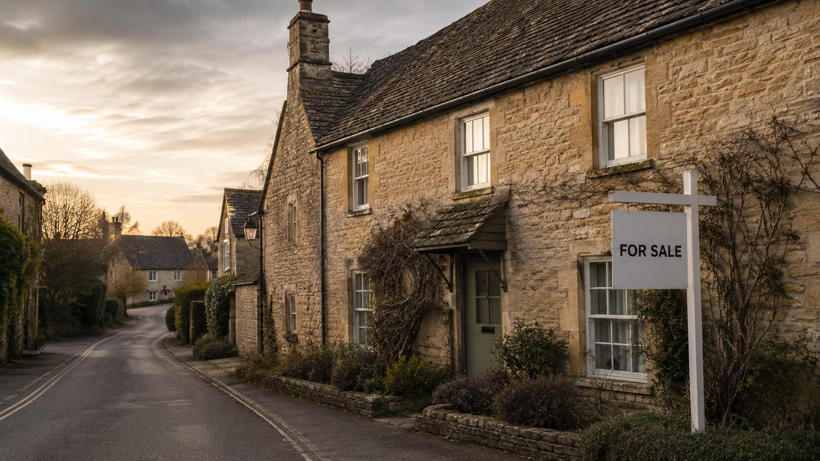 Cotswold stone cottage with estate agent For Sale board