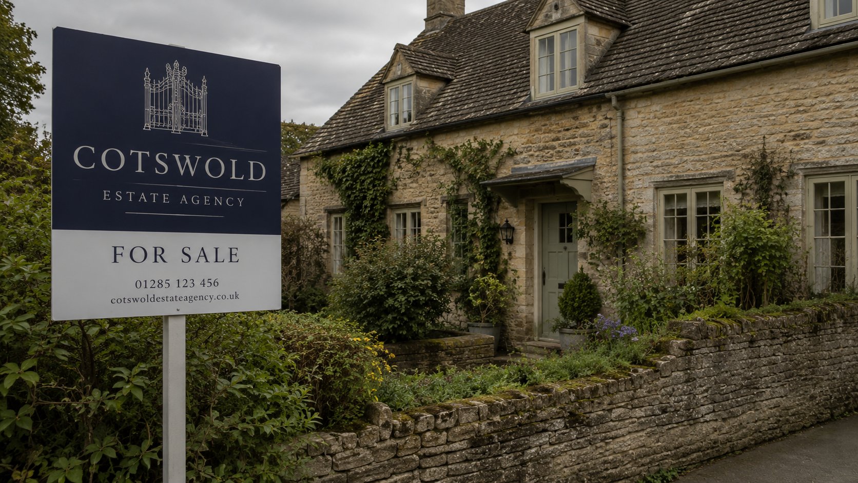 Cotswold stone cottage with estate agent For Sale board