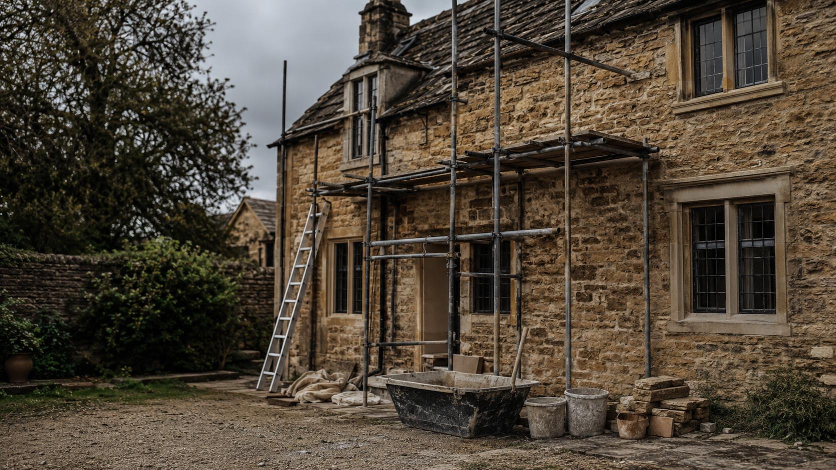 Cotswold stone cottage mid-renovation with scaffolding against honey-coloured stone walls
