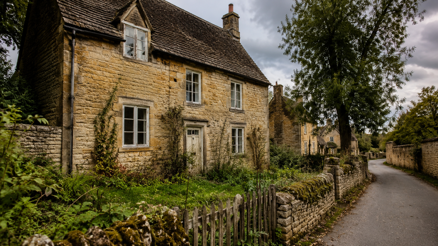 Honey-coloured Cotswold stone cottage needing renovation on a quiet village lane