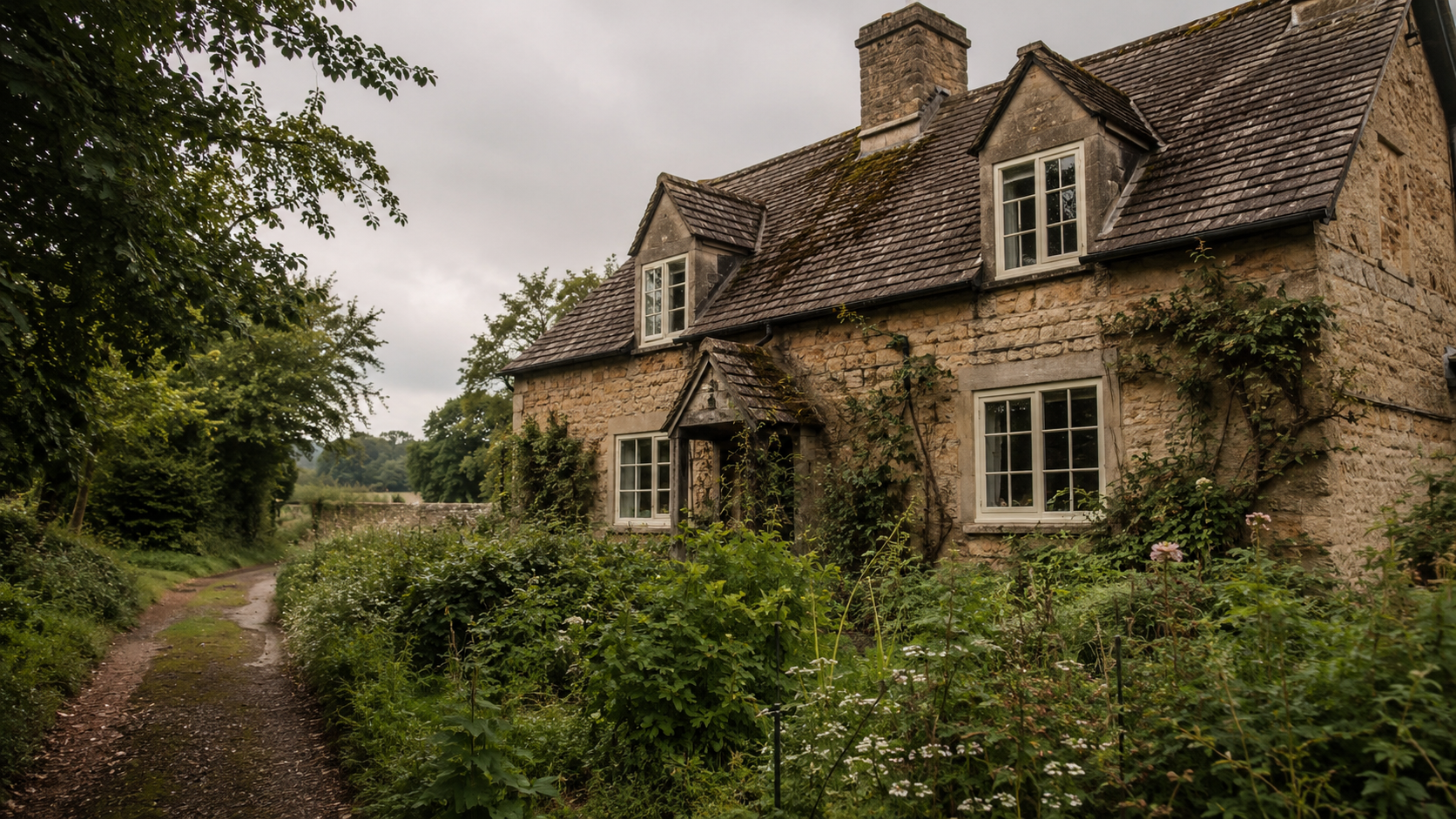 Traditional English stone cottage with neglected roof and overgrown garden