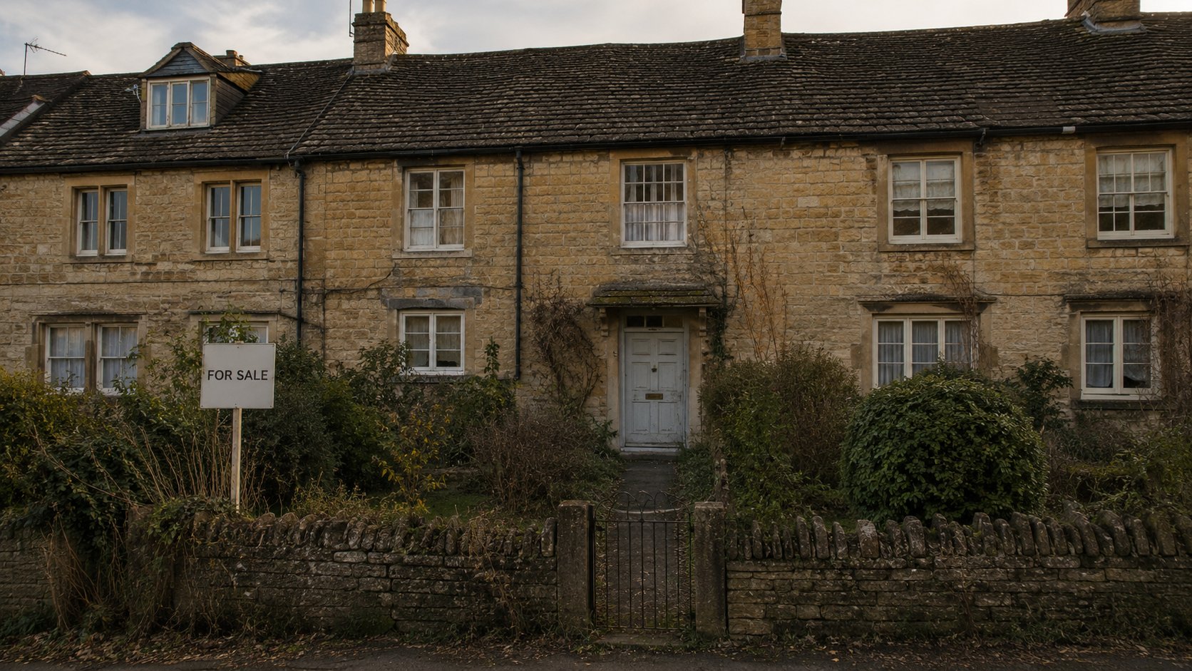Neglected Cotswold stone terraced cottage with For Sale board