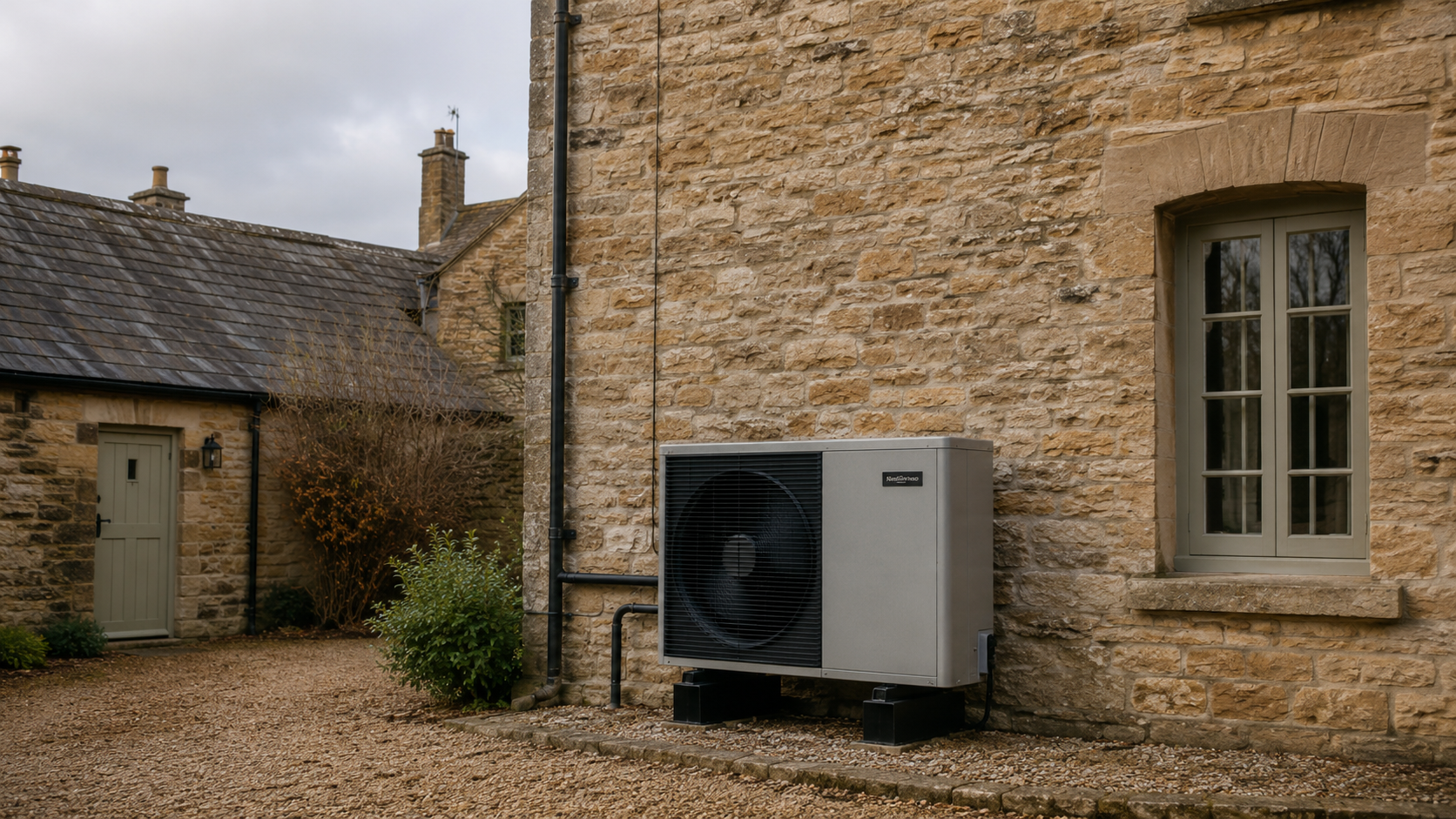 Air source heat pump unit on exterior wall of a UK stone property