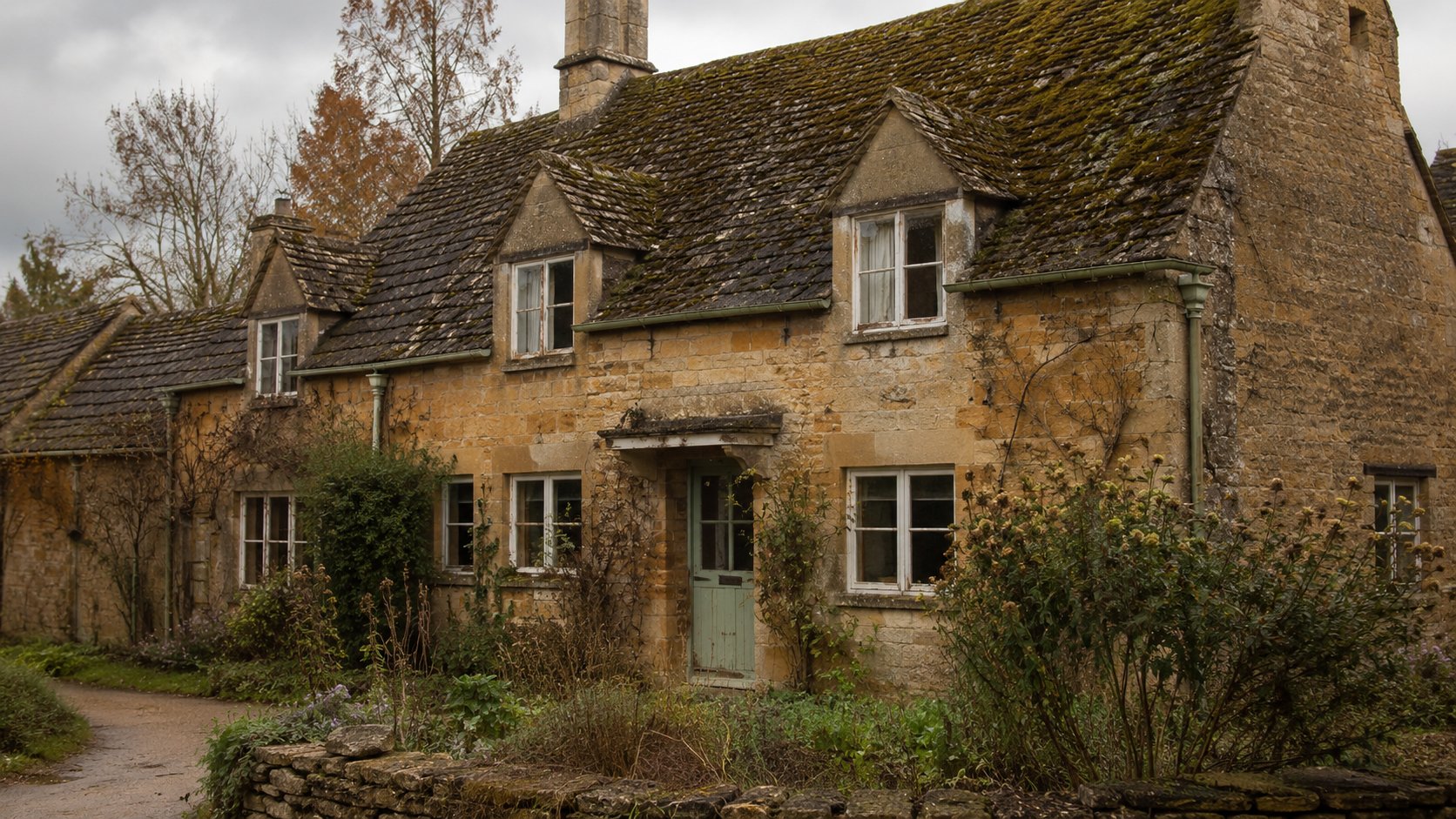 Unrenovated Cotswold stone cottage exterior showing signs of wear and neglect
