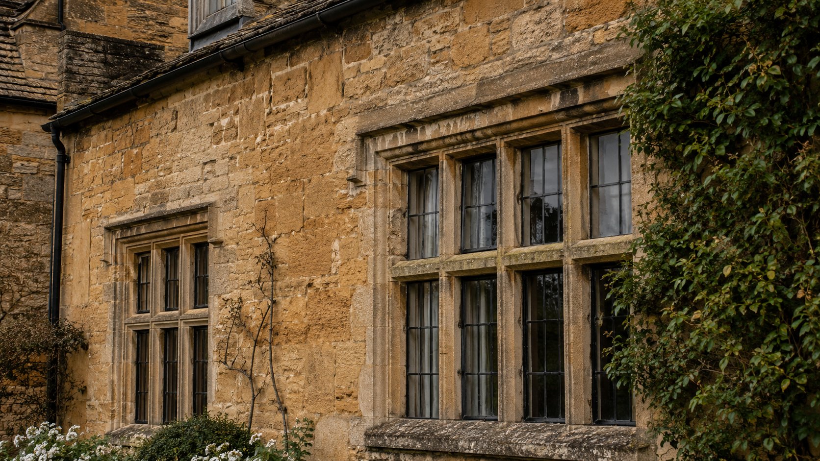 Listed Cotswold stone building facade with original mullion windows and climbing plants