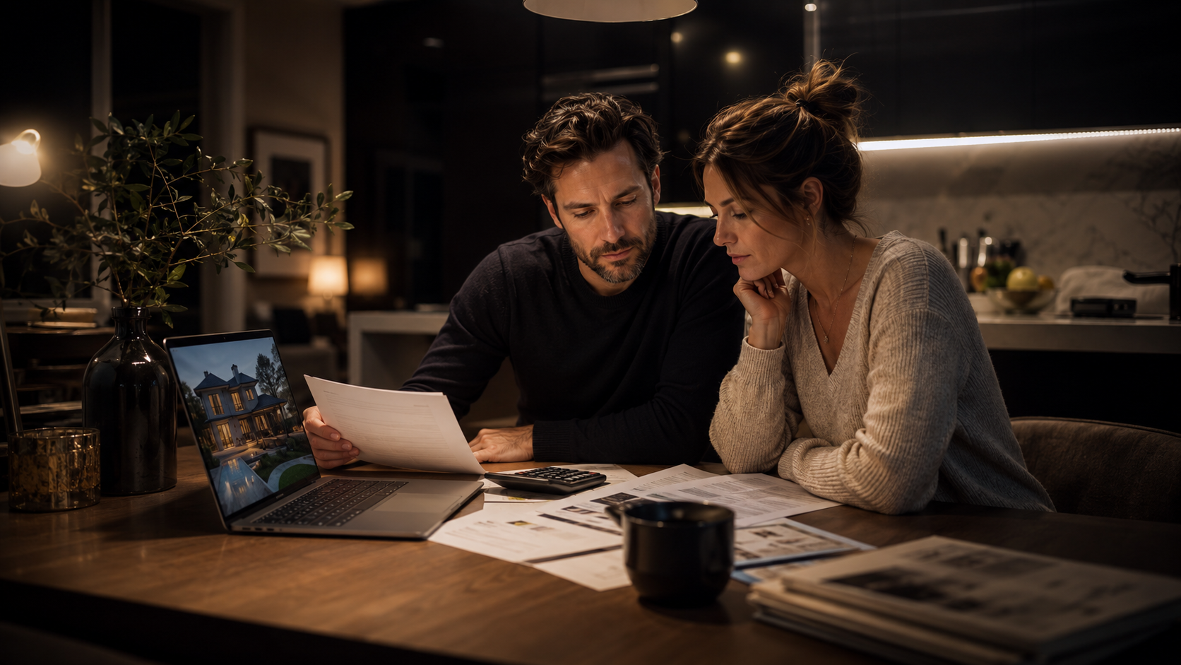 Buyer reviewing renovation cost figures at a kitchen table with property documents