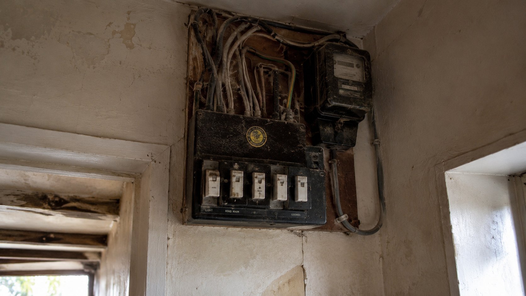 Old fuse wire consumer unit in unrenovated property showing dated electrical installation