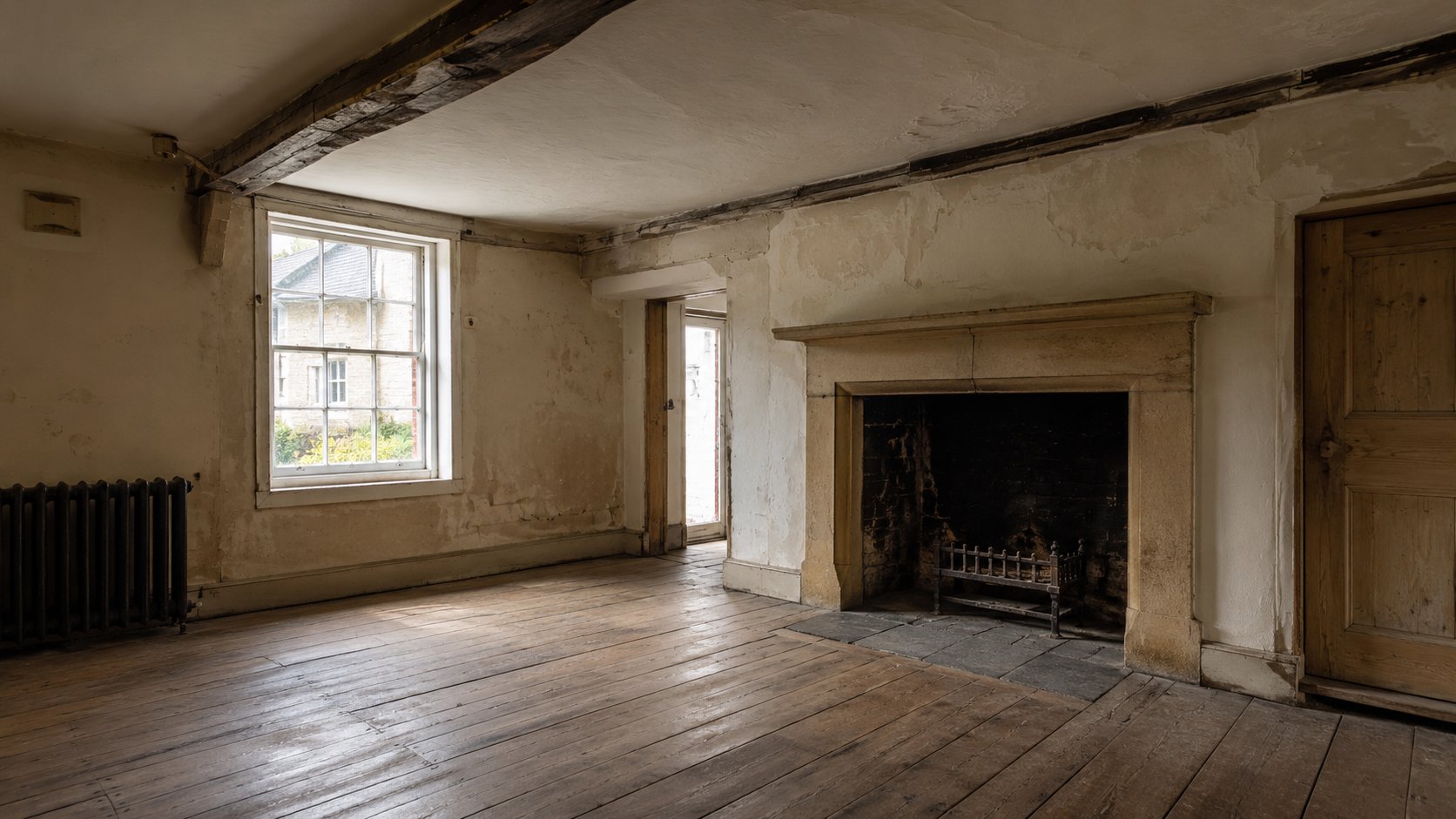 Interior of unrenovated period property showing original fireplace and worn floorboards