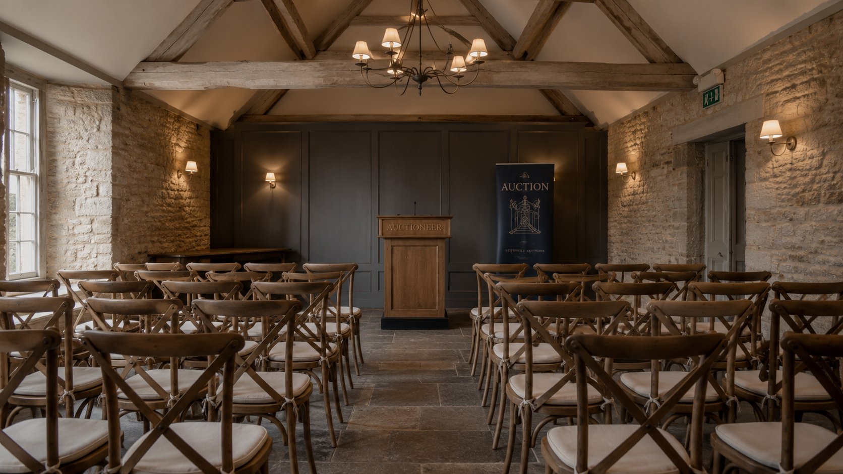 Empty Cotswold auction room with auctioneer podium and rows of chairs