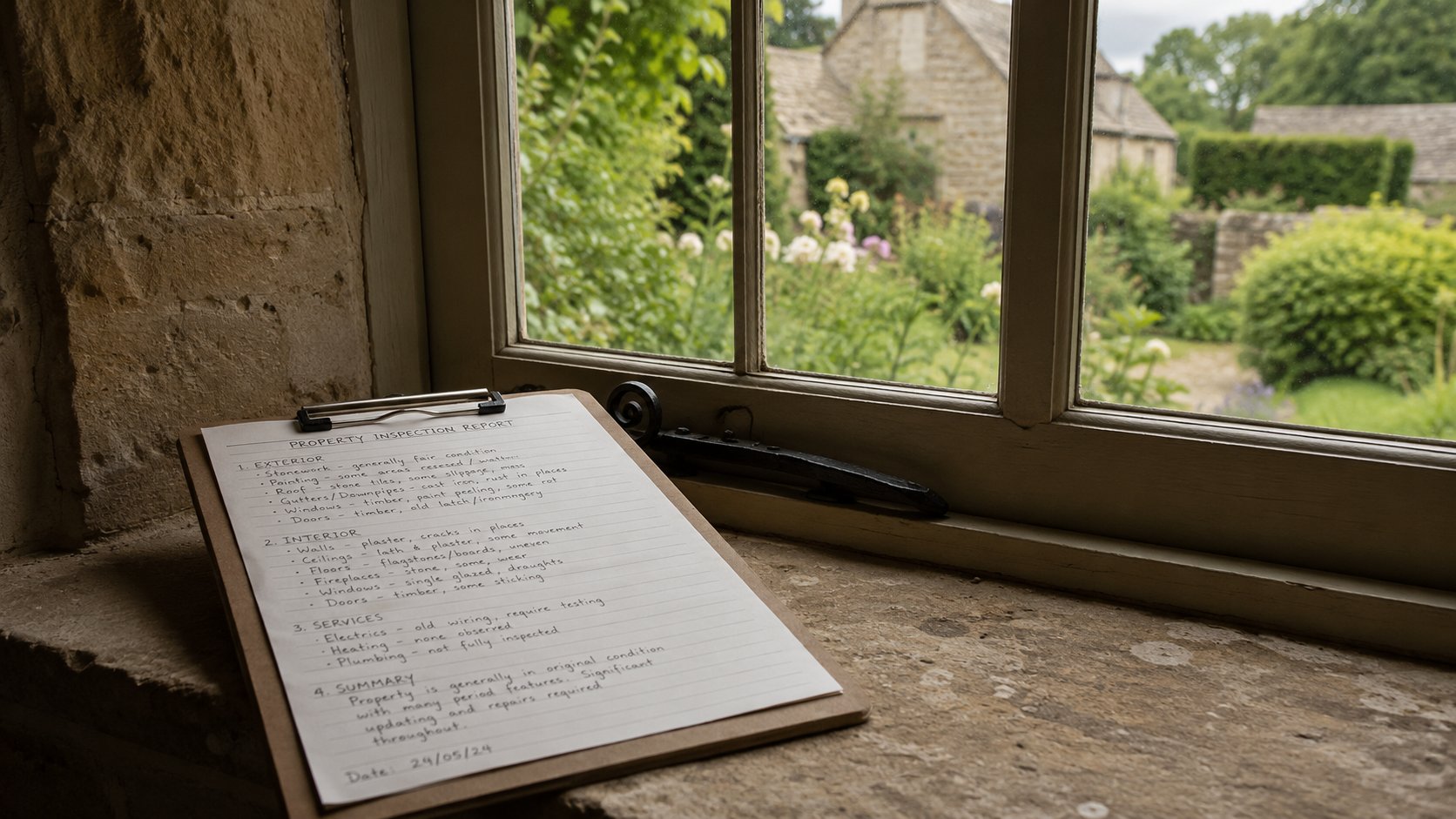 Property inspection report on clipboard resting on Cotswold stone windowsill