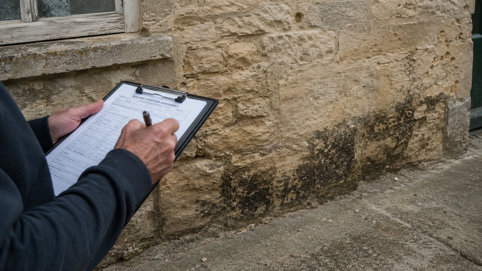 Property assessor holding clipboard inspecting Cotswold stone wall