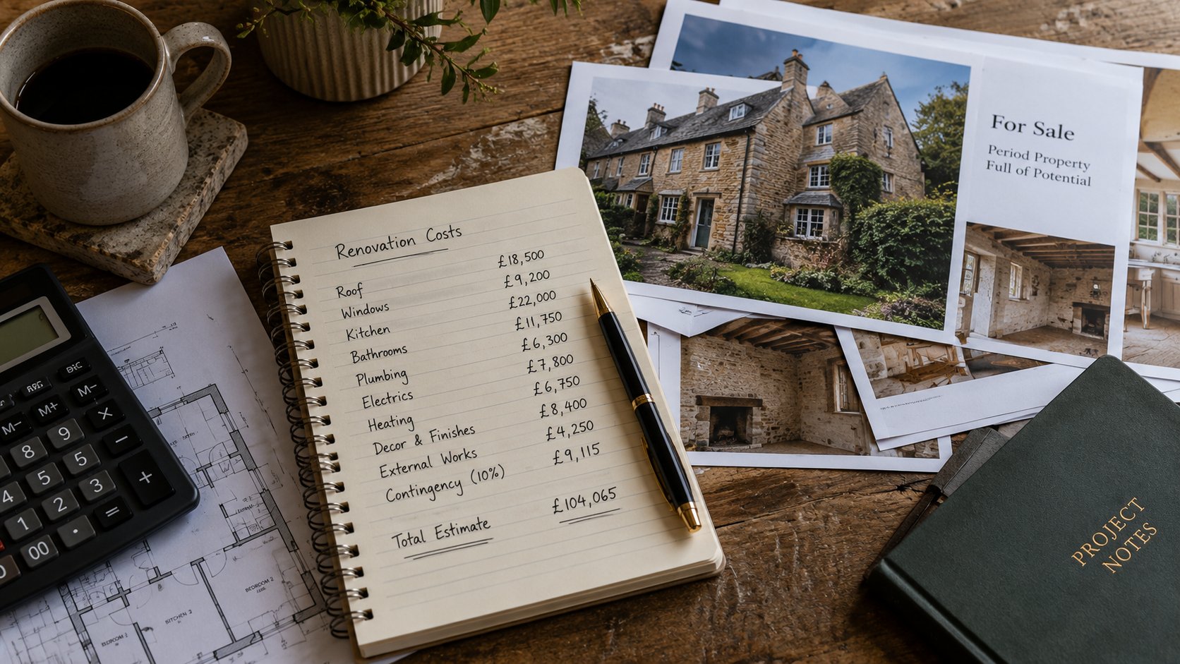 Renovation cost breakdown written in notepad alongside property listing photos