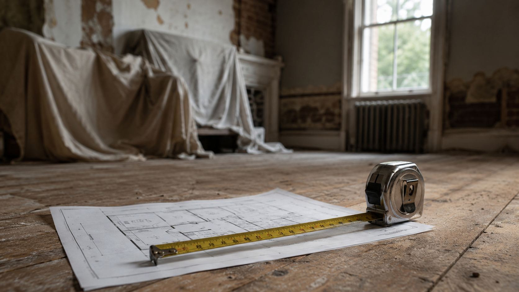 Tape measure and floor plan laid across bare floorboards in a property being renovated