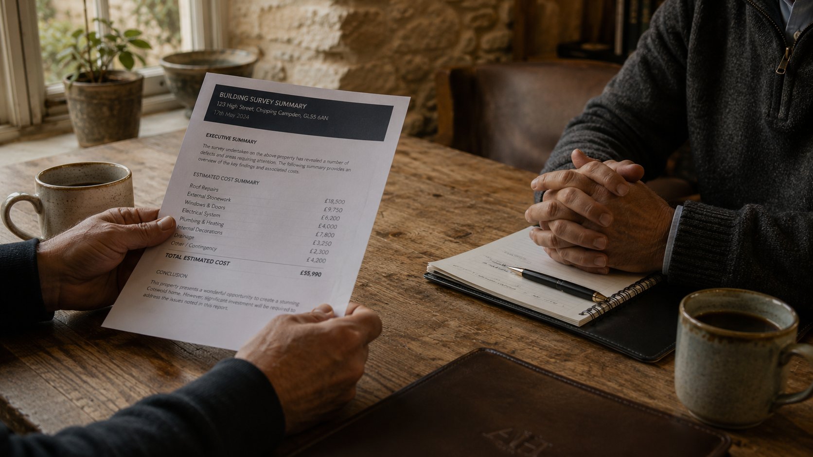 Hands across table reviewing renovation cost report during property price negotiation