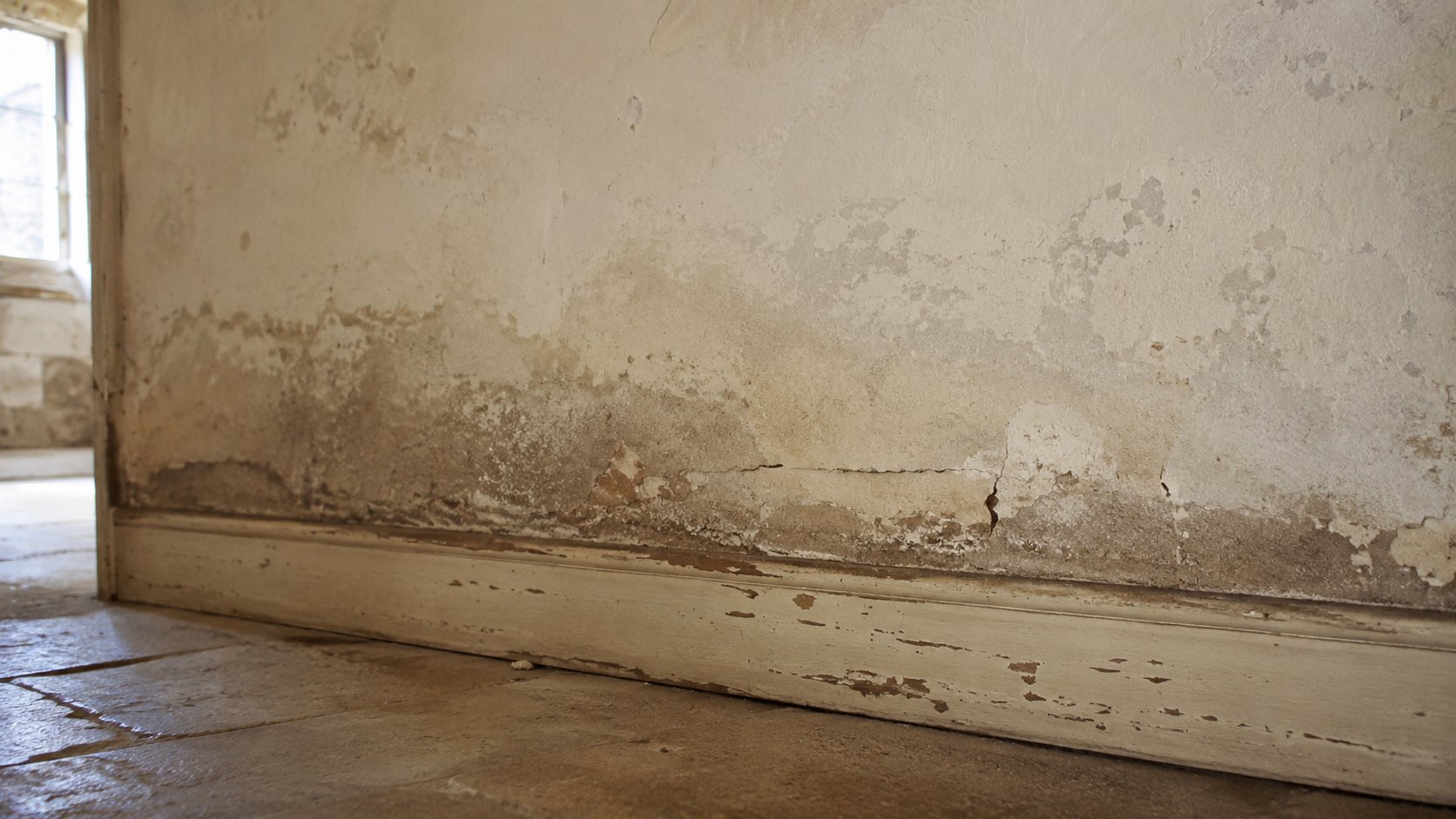 Rising damp tide marks and peeling plaster at skirting board level in old property