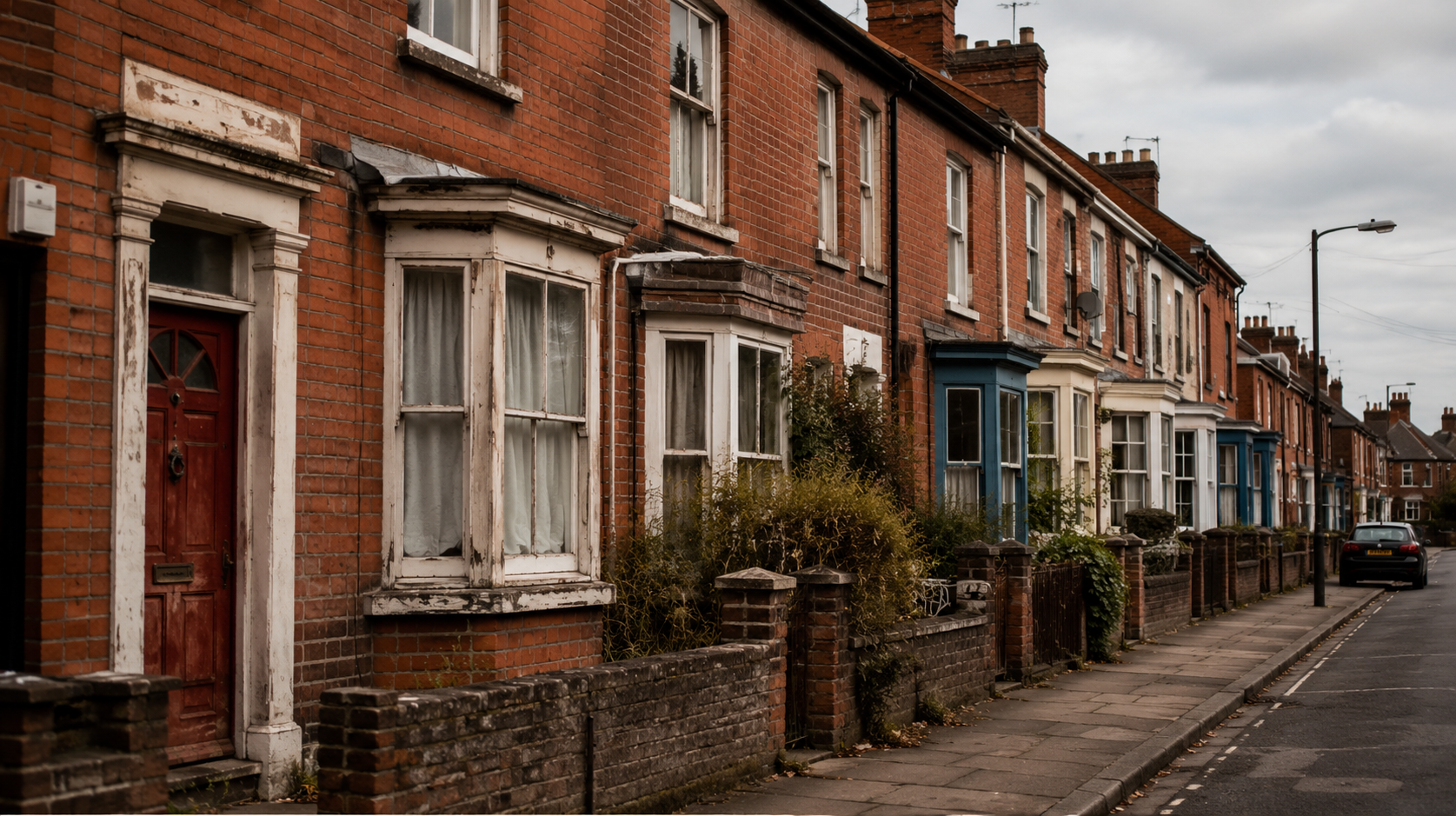 Victorian terraced street in England with unrenovated brick properties